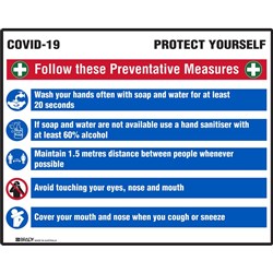 Brady Safety Sign Covid-19 Prevention Multi-Message 900W x 600mmH Corflute White/Blue