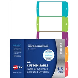 Avery L7411-5 Customisable Dividers A4 1-5 Index Tabs Bright Assorted