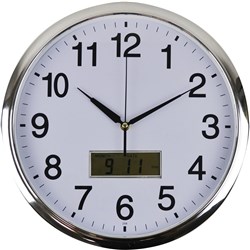 Italplast Wall Clock Inset LCD Date Month 36cm Round Chrome Frame White Face